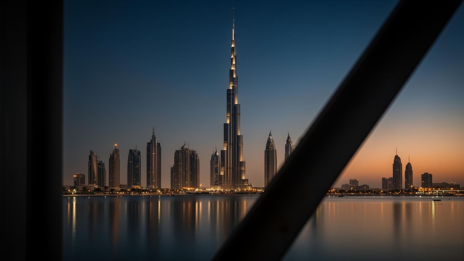Dubai skyline at twilight framed by structural steel, TIC Dubai global sourcing