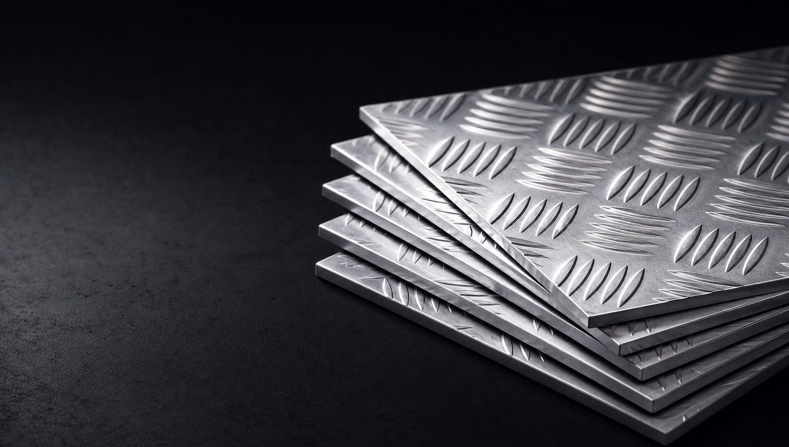 Aluminium chequered tread plate close-up showing five-bar embossed pattern, TIC Dubai