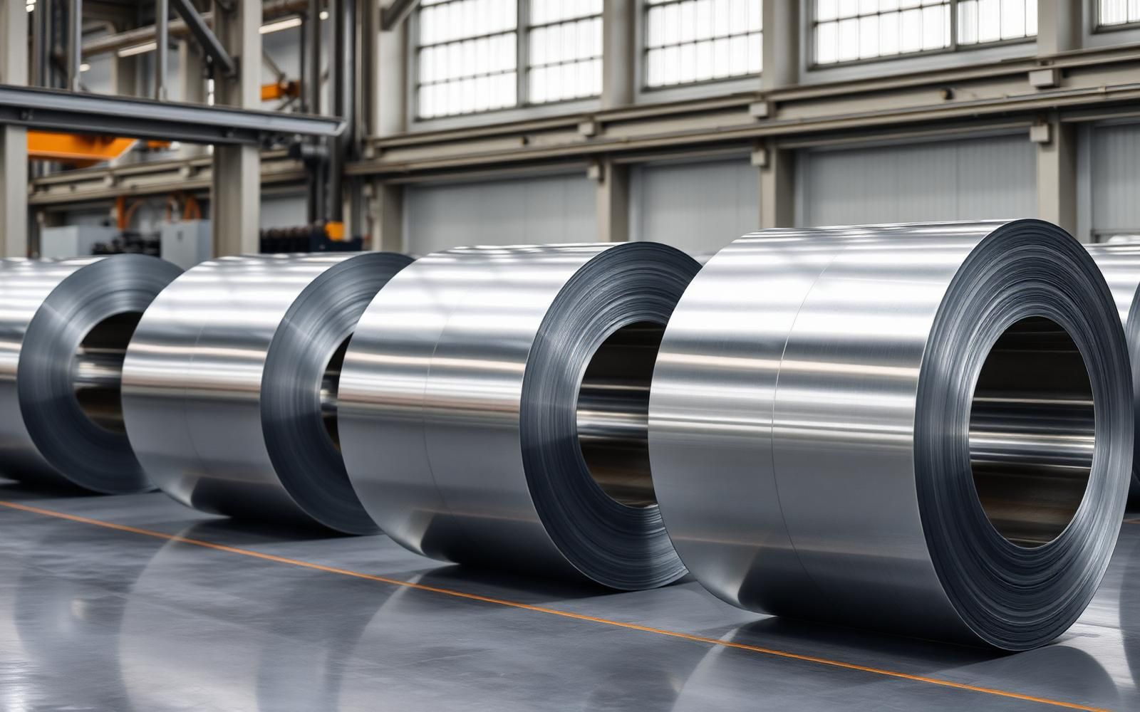 Polished aluminium coils on a rolling mill floor, TIC Dubai