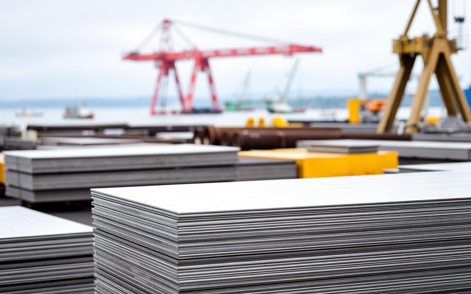 Marine-grade aluminium plate stacked at a coastal fabrication yard, TIC Dubai