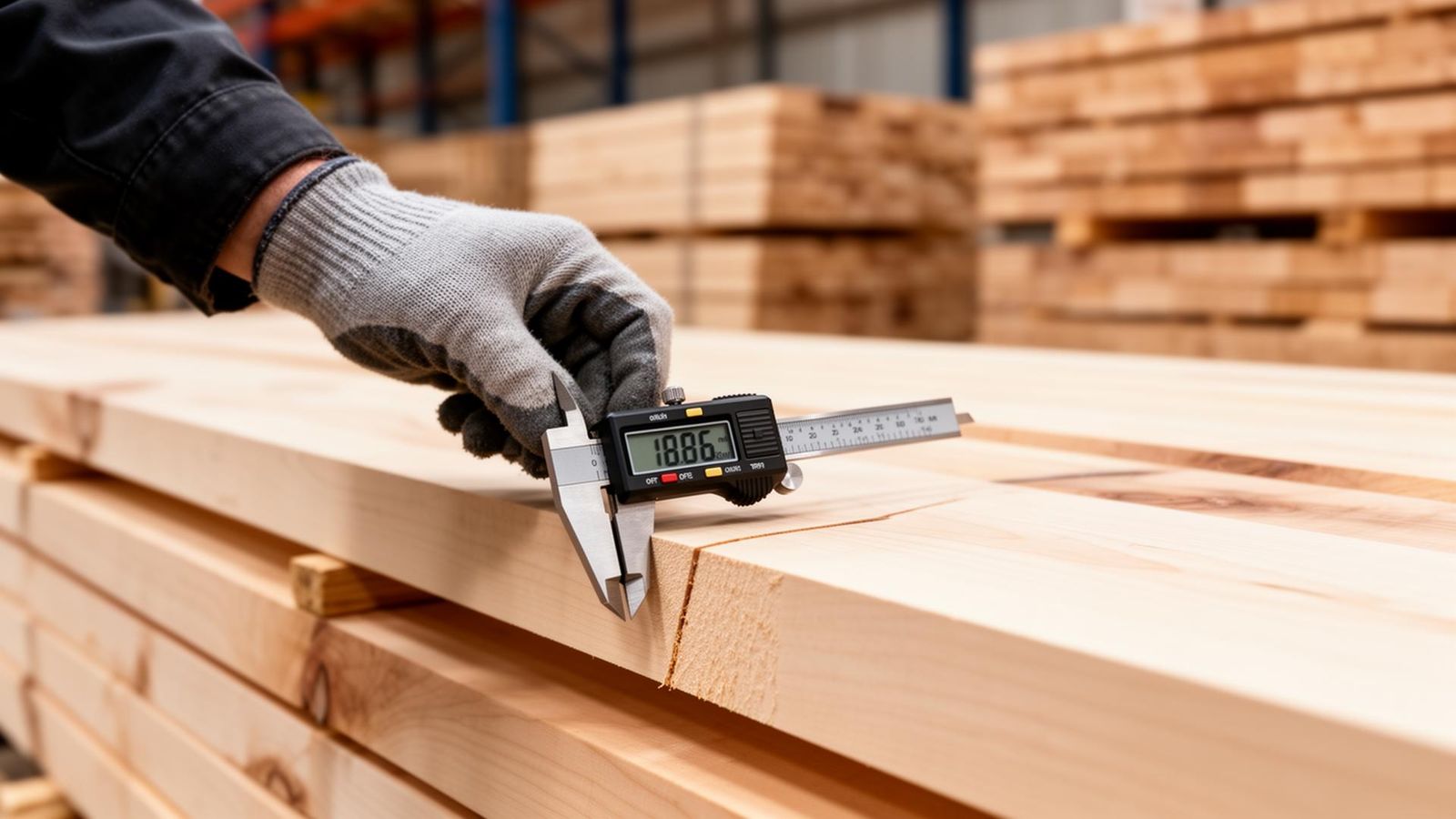 A timber inspector measuring the thickness of a beech board with a digital caliper in an industrial timber warehouse