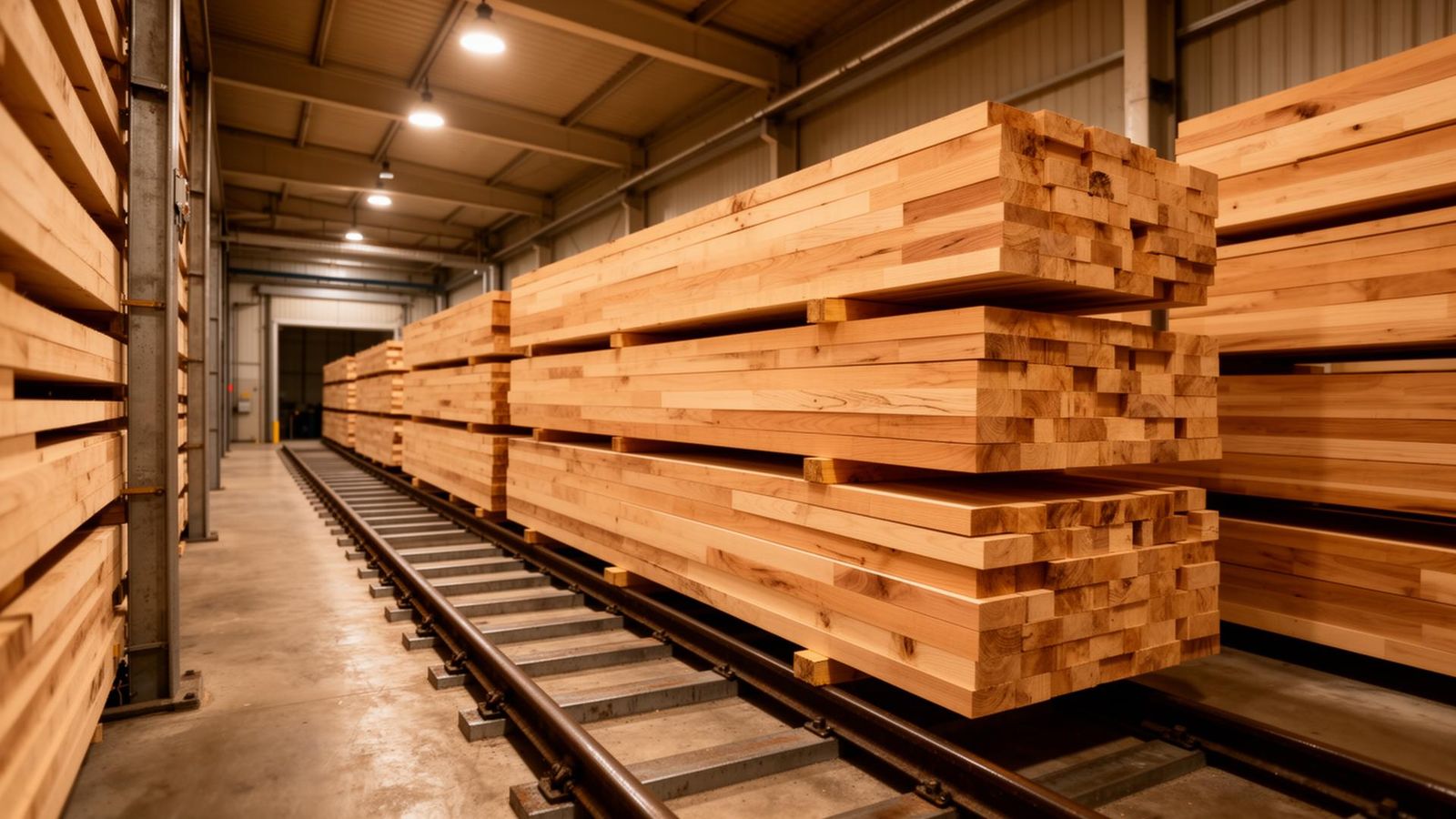 Industrial kiln drying chamber interior with stacks of European beech lumber on stickers ready for moisture conditioning