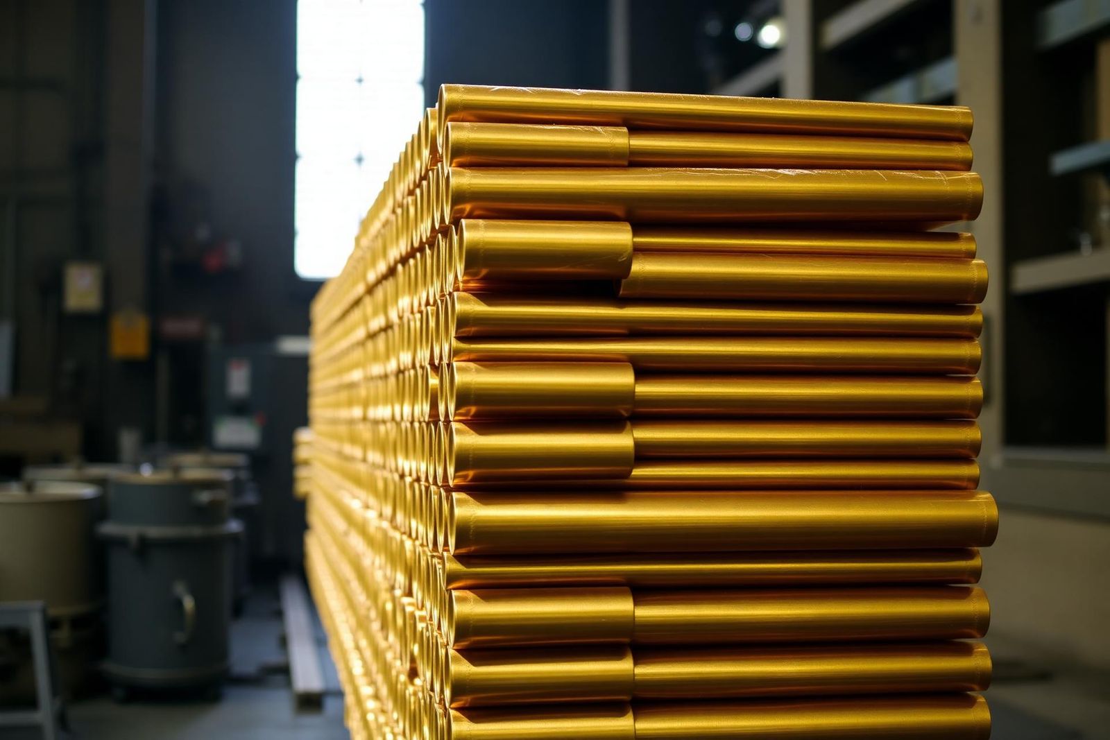 Stack of brass extrusion billets in a foundry