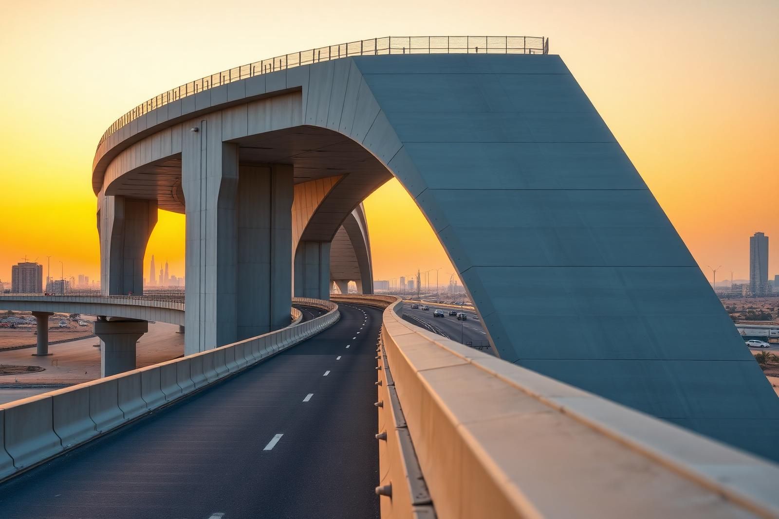 GCC infrastructure highway bridge with concrete expansion joints at dusk