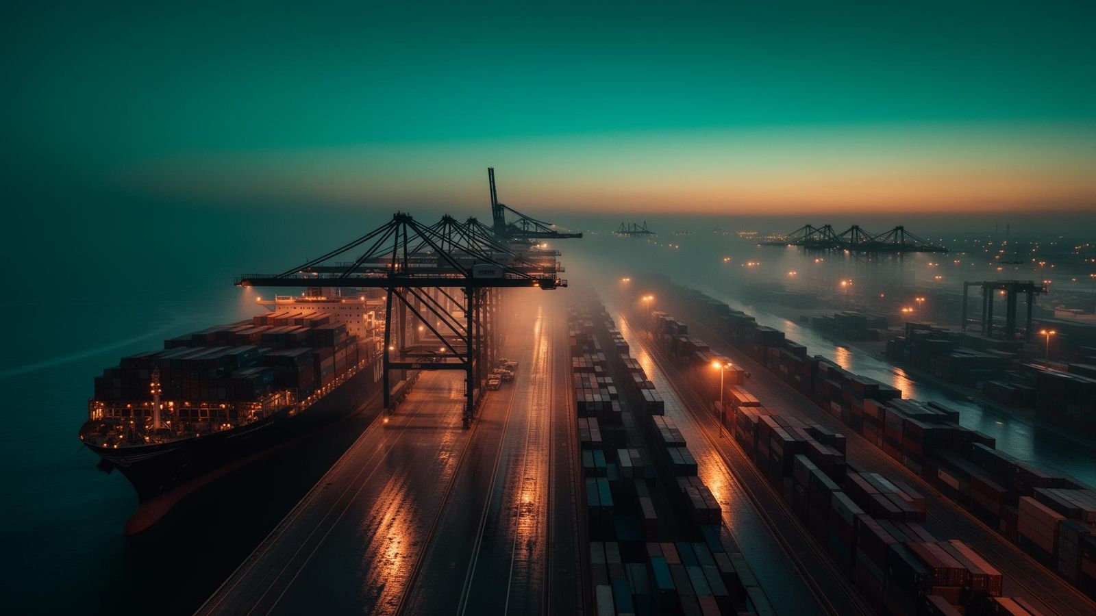 Port of Jebel Ali at blue hour with container ships and gantry cranes, TIC Dubai global trade desk