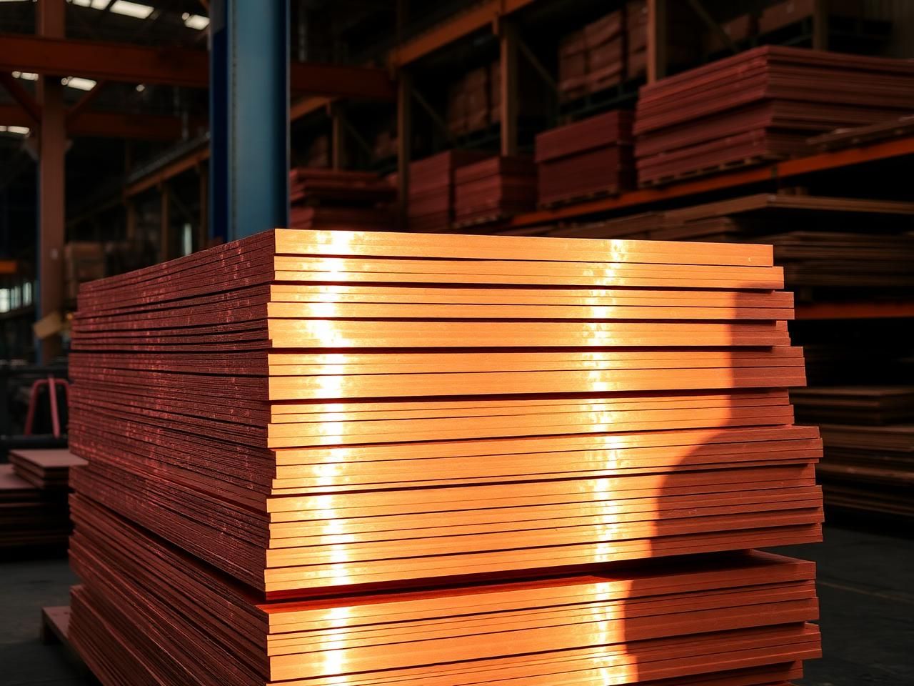 Stack of polished copper sheets and plates in a Dubai metals warehouse