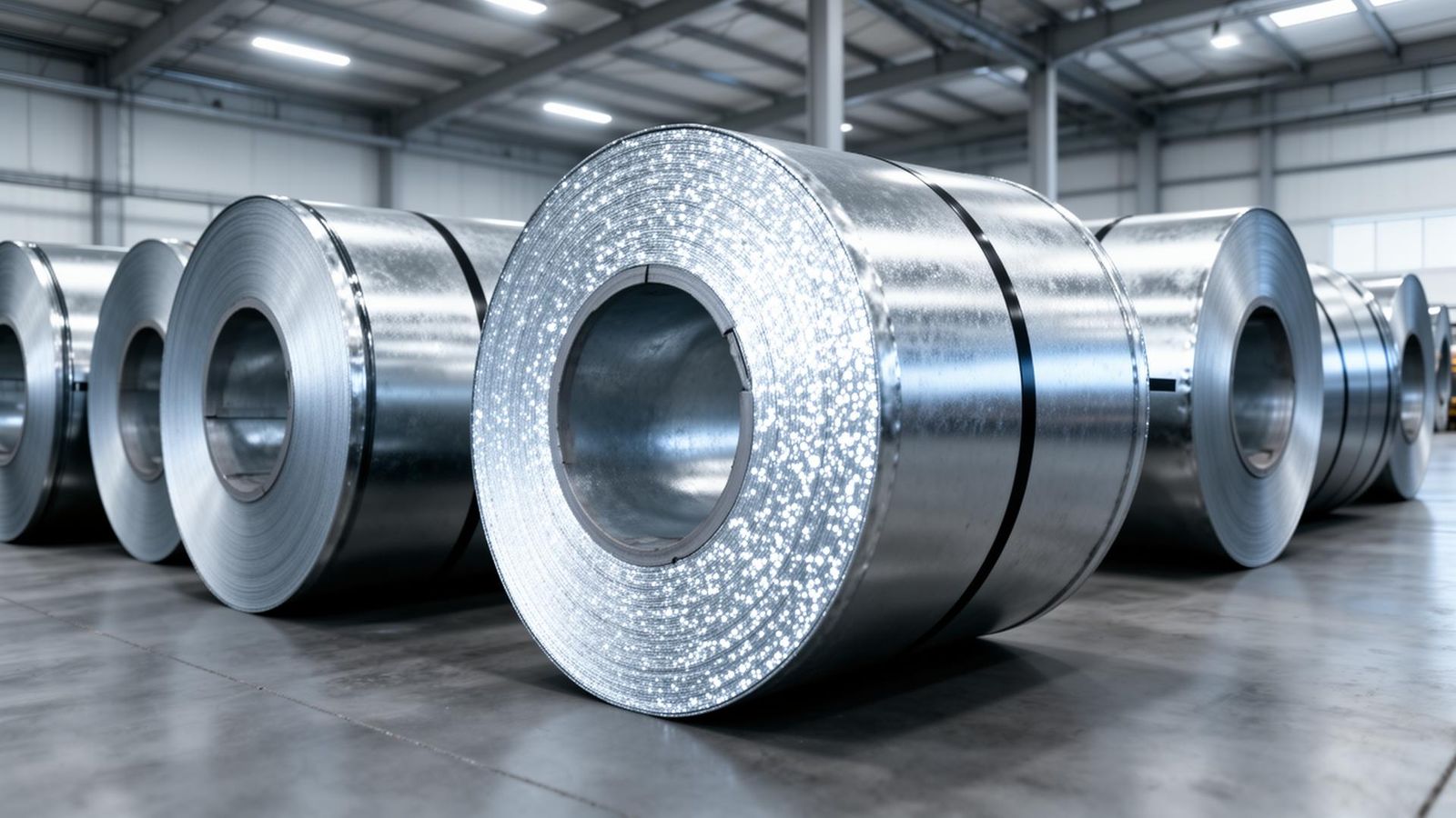 Hot-dip galvanized steel coil stacks with bright zinc spangle finish in industrial warehouse Dubai