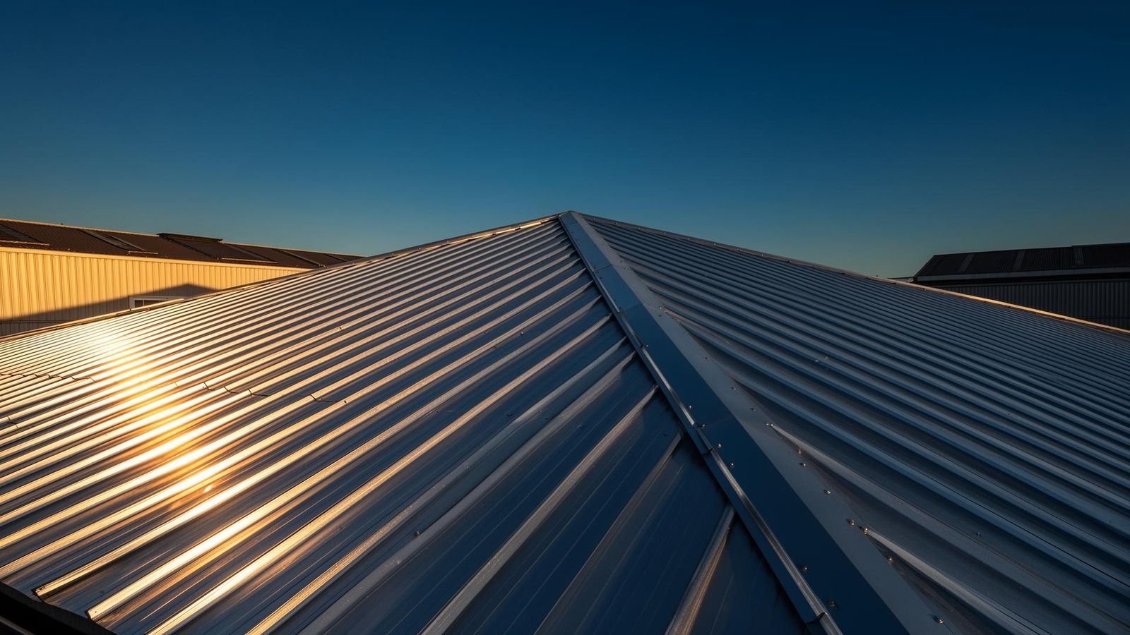 Premium hot-dip galvanized corrugated steel roofing on an industrial building, raking golden light across the zinc surface