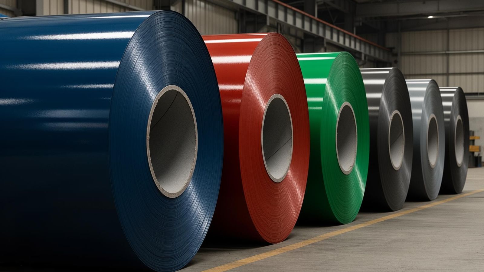 Pre-painted galvanized PPGI steel coils in blue, red, green and grey RAL colours in warehouse