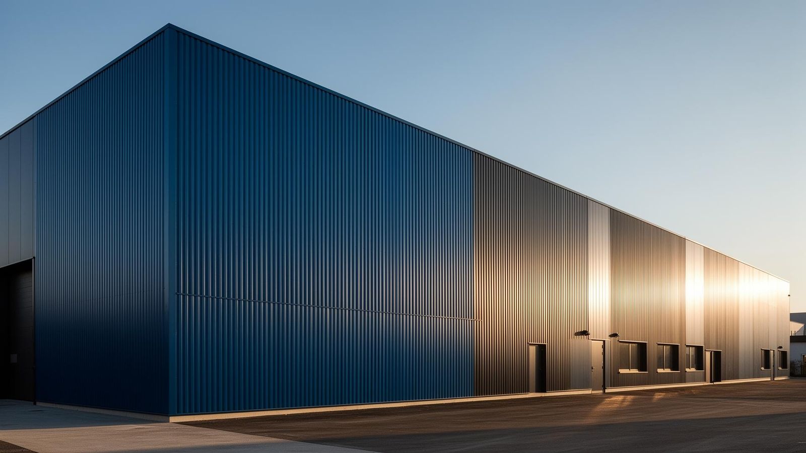 Modern industrial building facade clad in PPGI pre-painted corrugated steel panels in deep blue and grey RAL