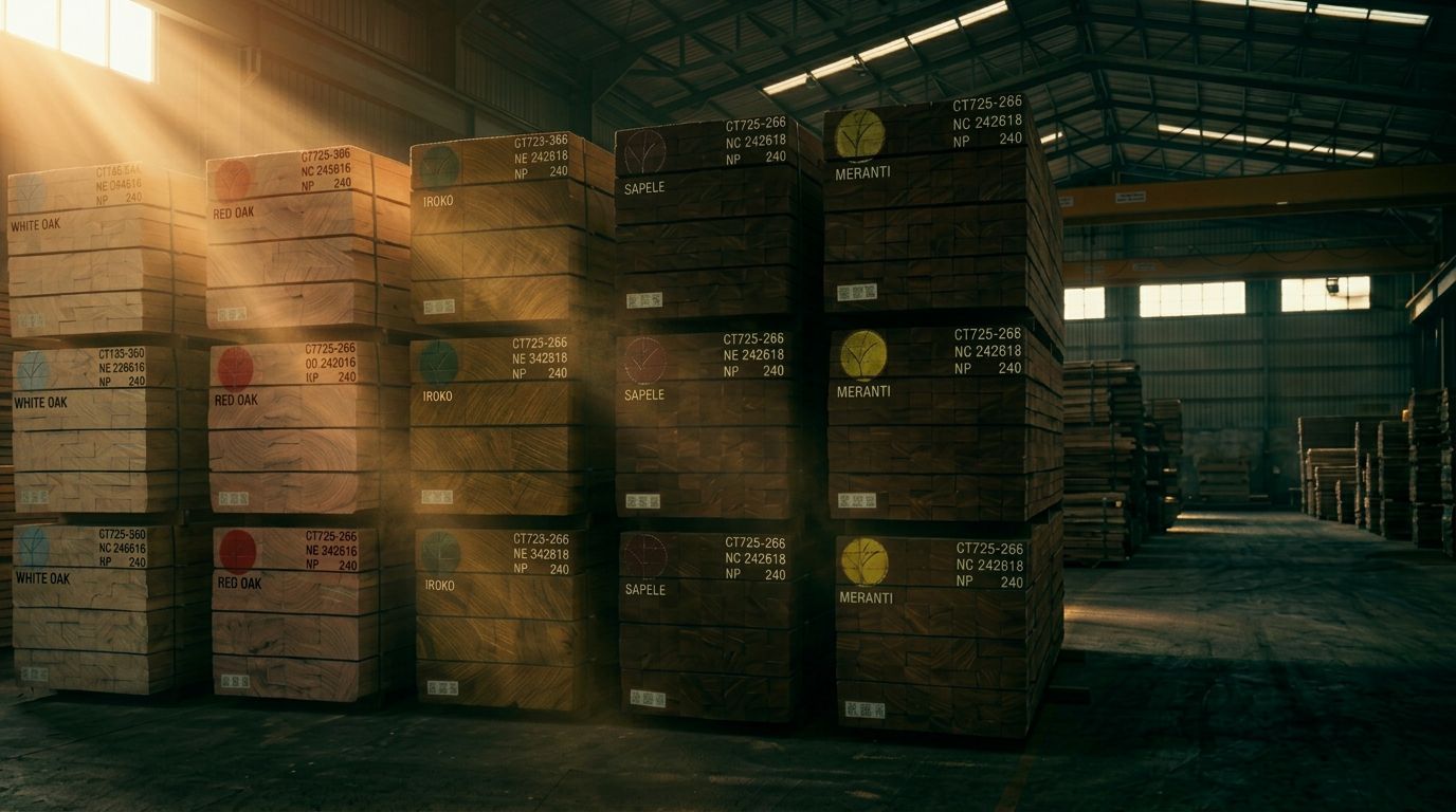 Stacks of premium tropical and American hardwood lumber in industrial timber warehouse
