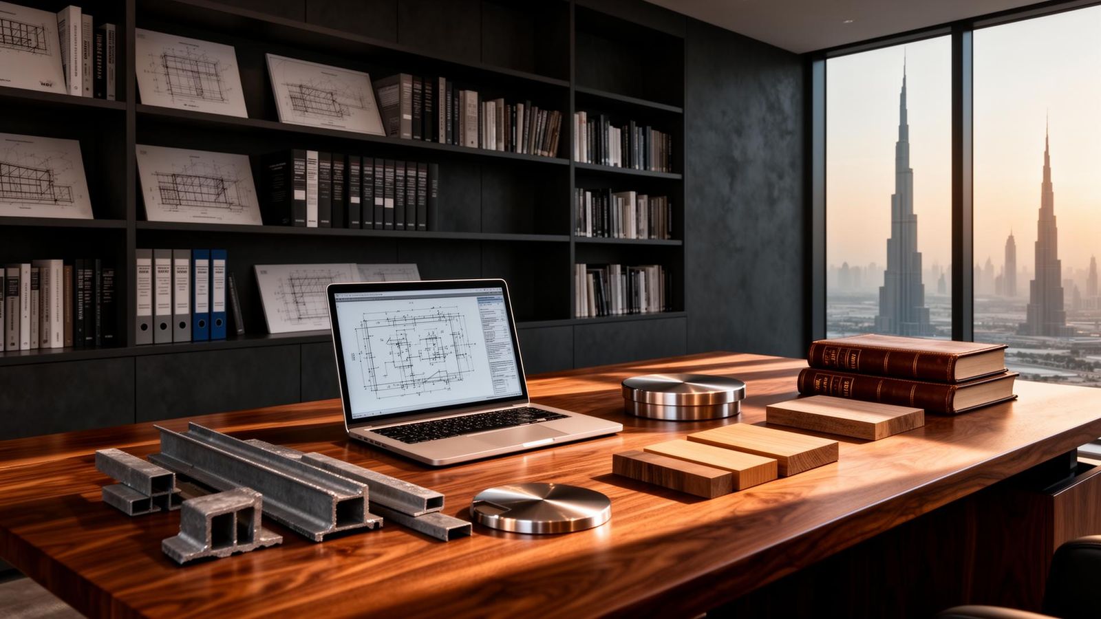 TIC Dubai Knowledge Center, an executive research library overlooking Dubai skyline with engineering drawings, steel and timber samples