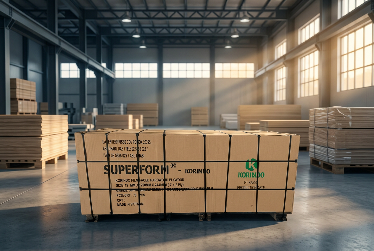 Super-form® by Korindo film faced plywood : export crate labelled SUPERFORM® KORINDO, 12mm × 1220 × 2440 (7+2 Ply), staged at warehouse for UAE delivery.