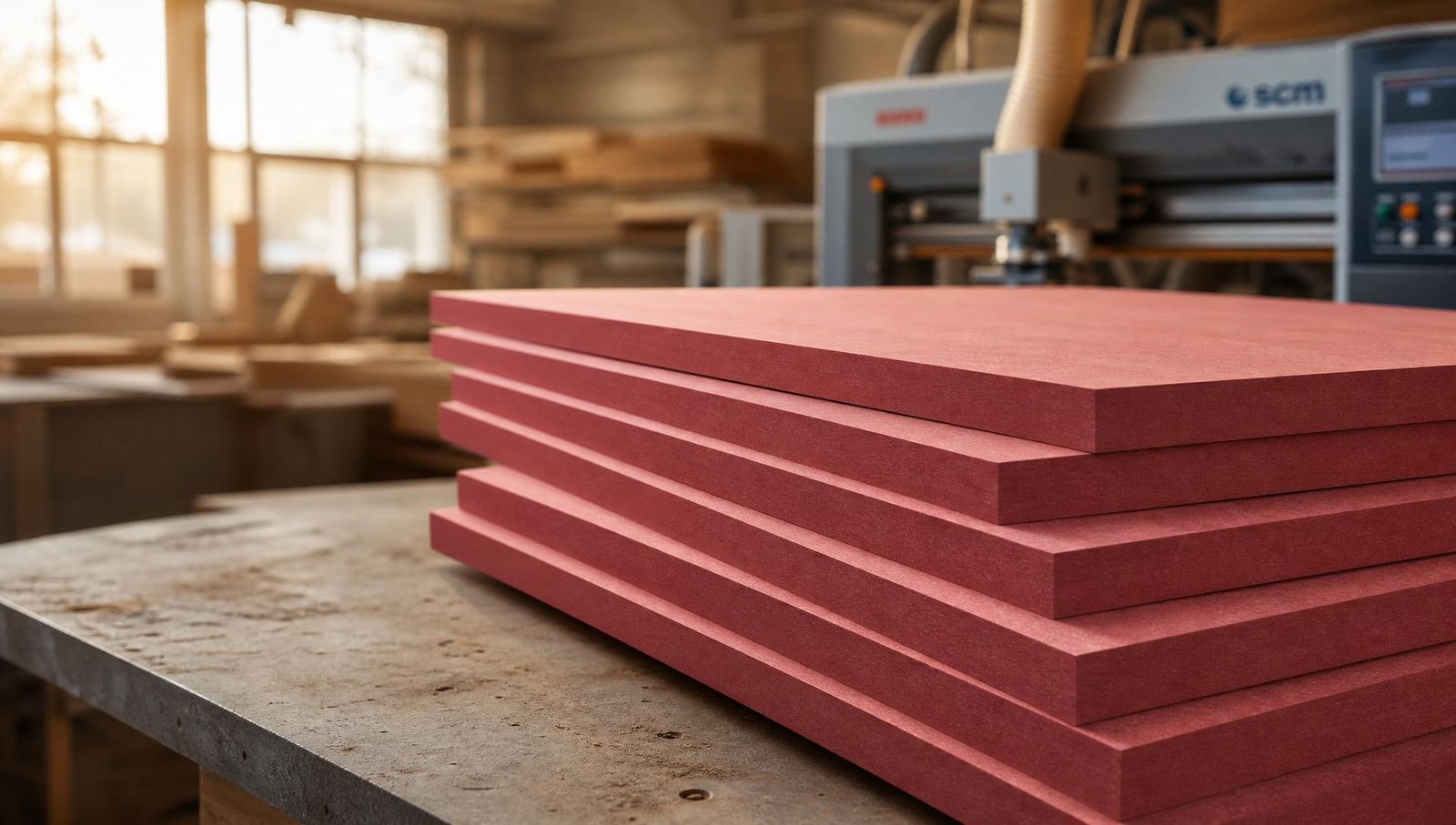 Stack of red-tinted fire retardant FR MDF panels with characteristic red core in a premium woodworking facility