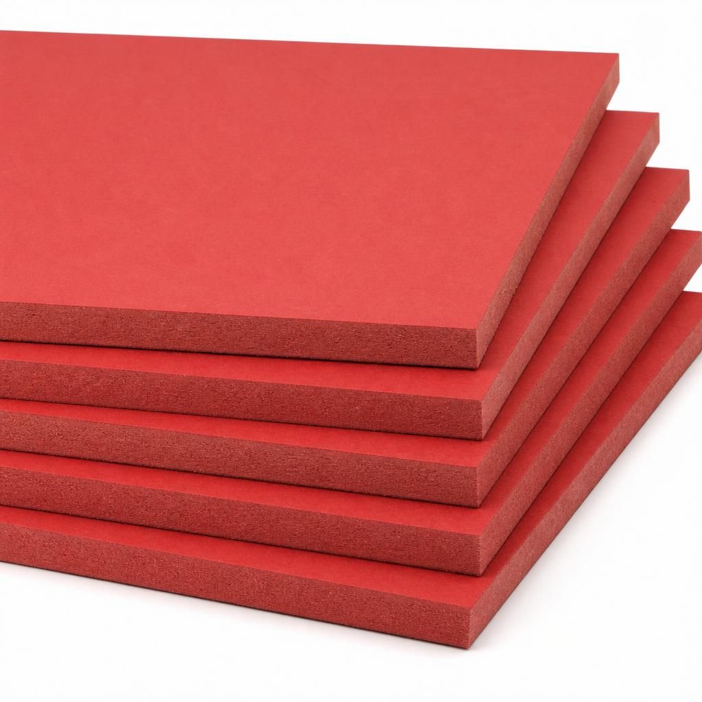 Real stacked red FR fire-retardant MDF boards showing tinted red core and smooth sanded surfaces in multiple thicknesses