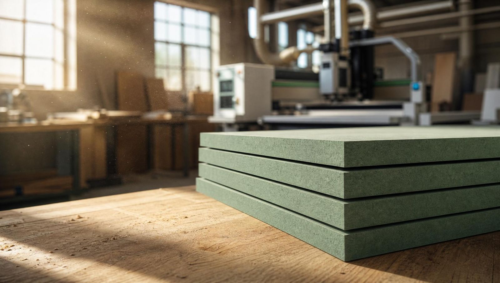 Stack of green HMR moisture resistant MDF panels with visible green core showing edge stripes