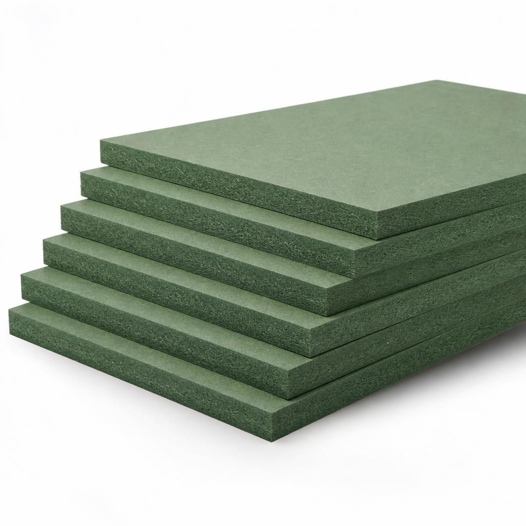 Real stacked green HMR moisture-resistant MDF boards showing tinted green core and smooth sanded surfaces in multiple thicknesses