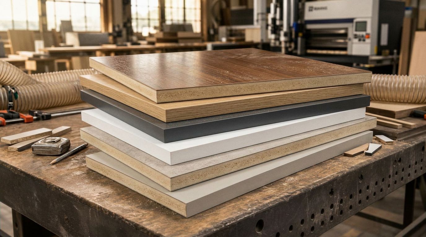 Premium laminated MDF panels with wood grain melamine surface and natural veneer finishes stacked in a joinery workshop