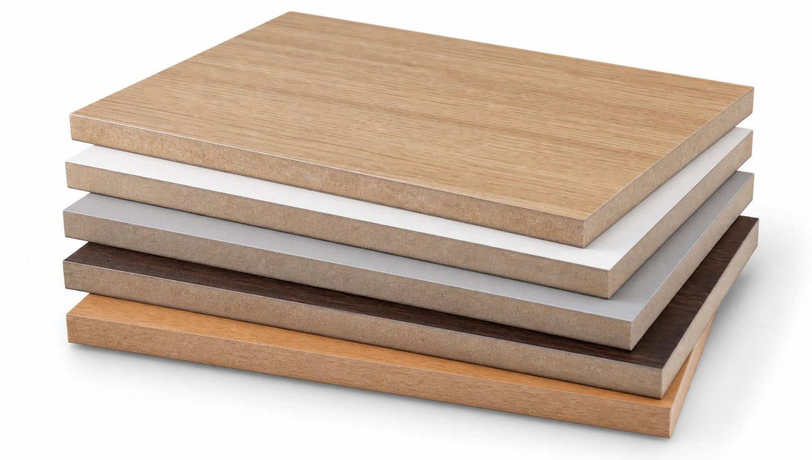 Stacked laminated MDF boards in a multi-colour mix showing oak, white, grey, walnut and beech finishes with visible MDF core