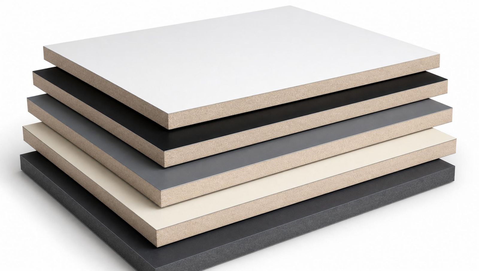 Stacked solid-colour laminated MDF panels in white, black, slate grey, cream and charcoal finishes