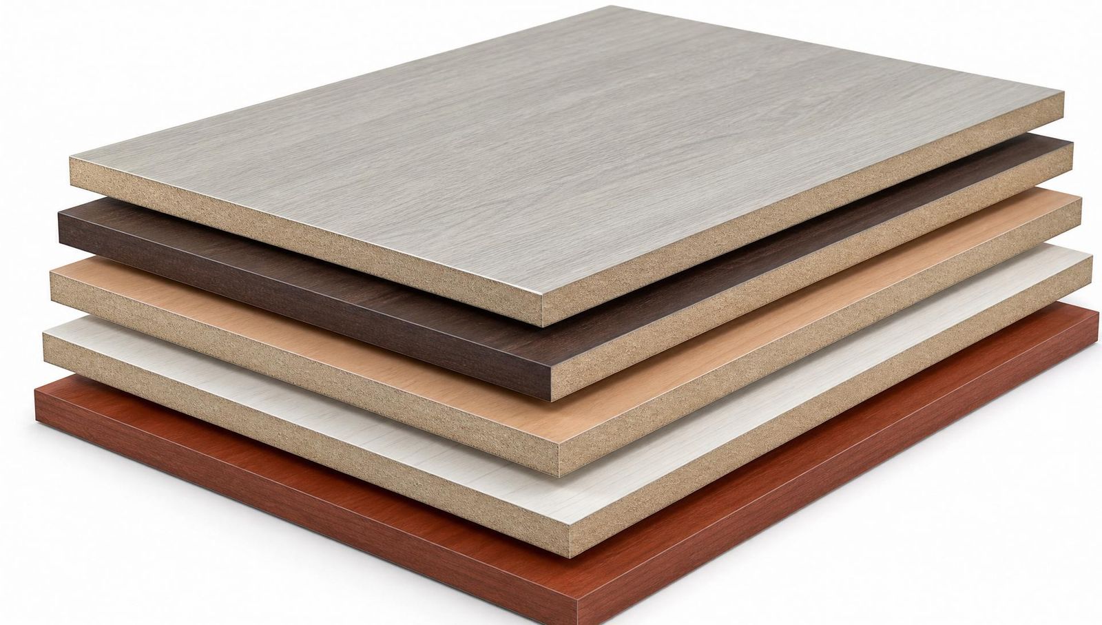 Stacked trending-finish laminated MDF panels in light grey oak, espresso walnut, natural beech, whitewashed pine and classic cherry