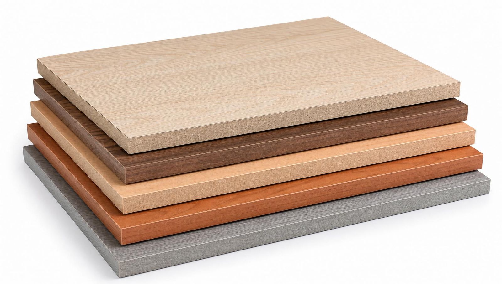 Stacked wood-veneer laminated MDF panels in white oak, walnut, beech, cherry and ash grey finishes