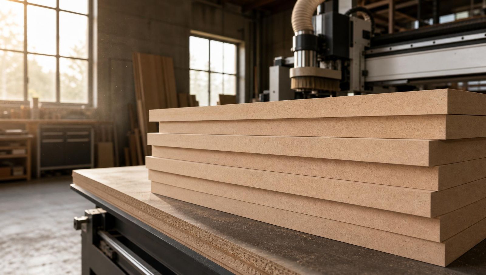 Stack of premium raw plain MDF medium density fibreboard panels with smooth sanded surface and uniform fibre core in a joinery workshop