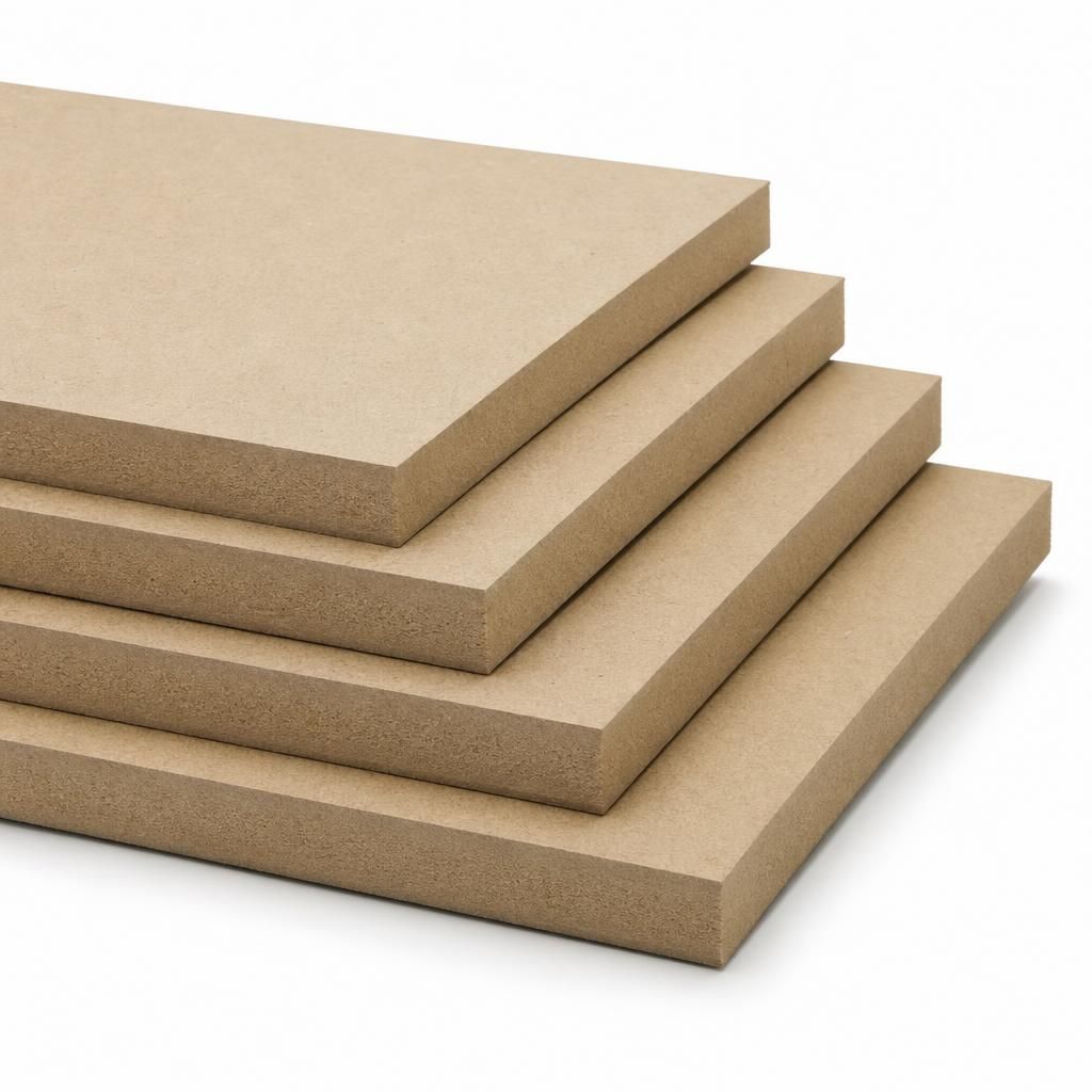 Real stacked raw MDF boards showing smooth sanded surfaces and uniform fibre core in multiple thicknesses