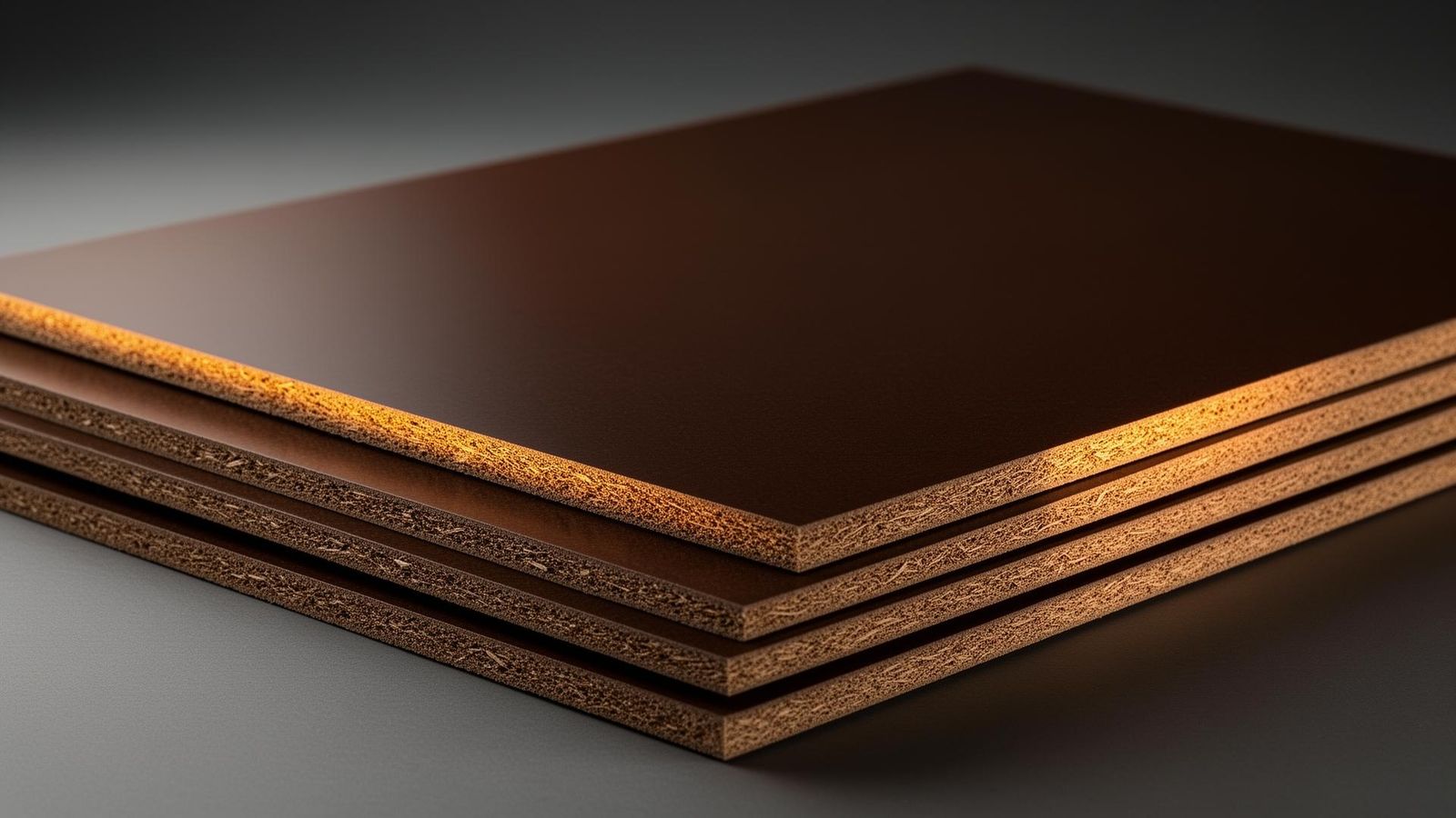 Premium high-density hardboard fibreboard panels stacked at a slight angle showing the smooth glossy face and natural wood-fibre edge texture in a refined studio composition