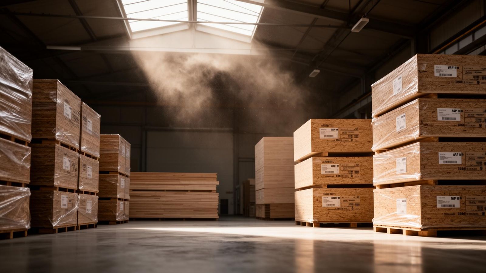 Premium European panel manufacturing facility with stacked engineered wood panels and insulation boards under architectural skylight