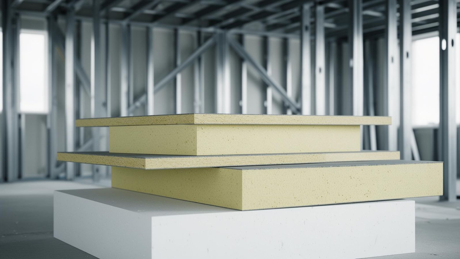 Premium rigid thermal insulation boards PIR and mineral wool stacked at varied heights inside a modern metal-framed building envelope under cool daylight, premium building systems catalogue composition
