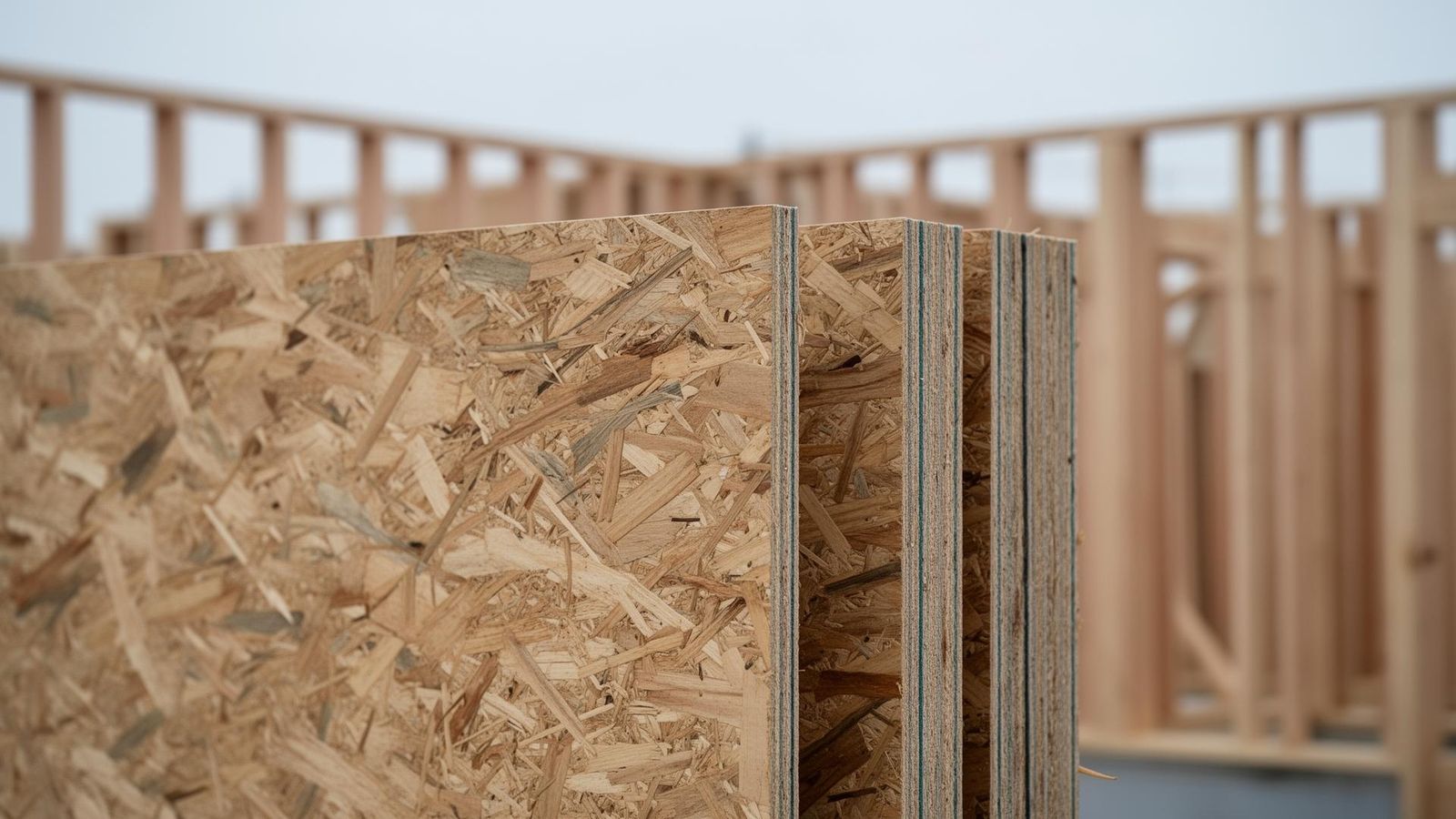 Close-up of OSB Oriented Strand Board panels stacked on edge inside a modern timber-frame construction site showing the characteristic large wood strand surface texture