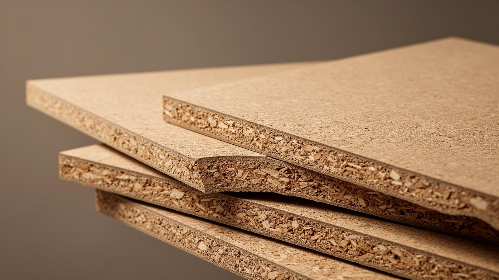 Premium raw particle board chipboard panels stacked at an angle showing the speckled wood chip core and clean sanded surface in a warm studio composition
