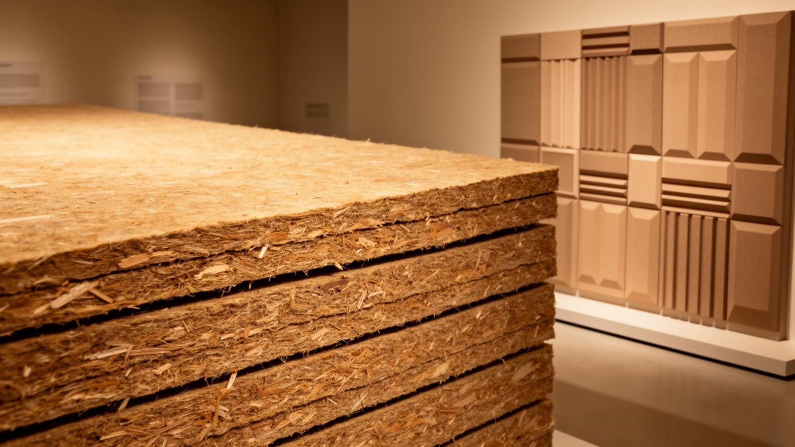 Premium soft wood fibre insulation boards softboard stacked with visible warm fibrous texture next to an architectural acoustic wall mock-up in a museum-grade product composition