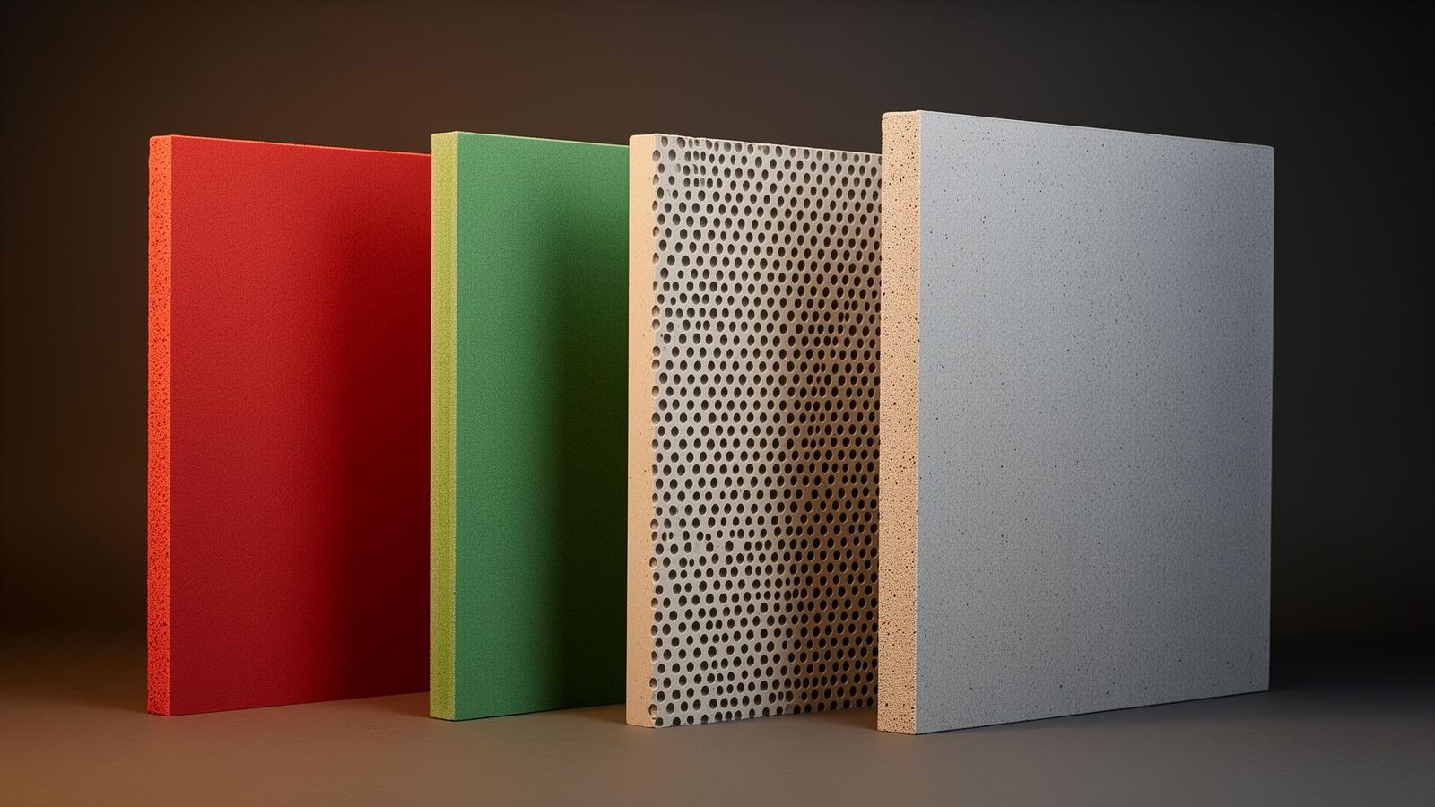 Premium array of specialty engineered boards fire rated red board moisture resistant green board perforated acoustic panel and magnesium oxide board standing on edge in a museum-grade product display