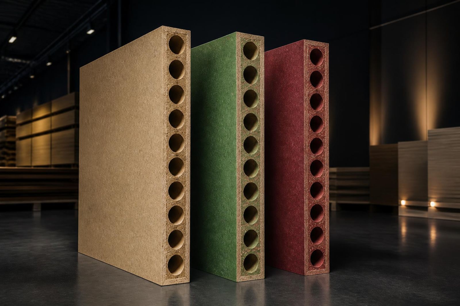 Three vertical tubular core chipboard panels standing side by side in a premium industrial warehouse: standard natural beige, HMR green and fire-rated red, each showing the exposed circular hollow tubular cores running through the cross-section