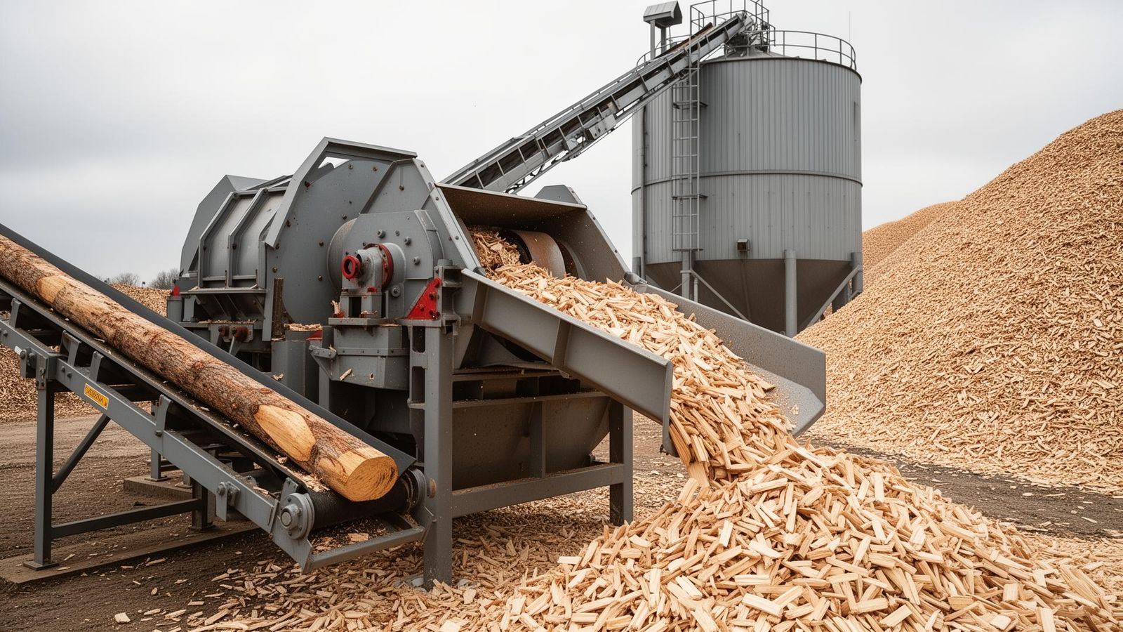 Industrial wood chipper feeding pine pulpwood into a conveyor for MDF and OSB furnish production