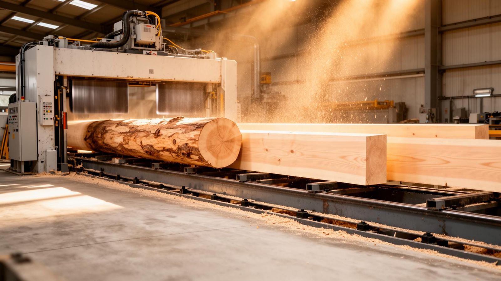 Pine log being broken down on a sawmill twin band-saw with fresh pale cants emerging
