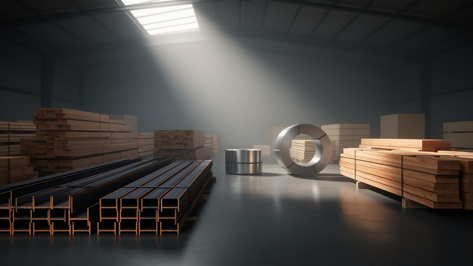 TIC Dubai building materials catalogue: hardwood timber, structural steel beams, stainless steel coil and plywood stacked in a premium warehouse