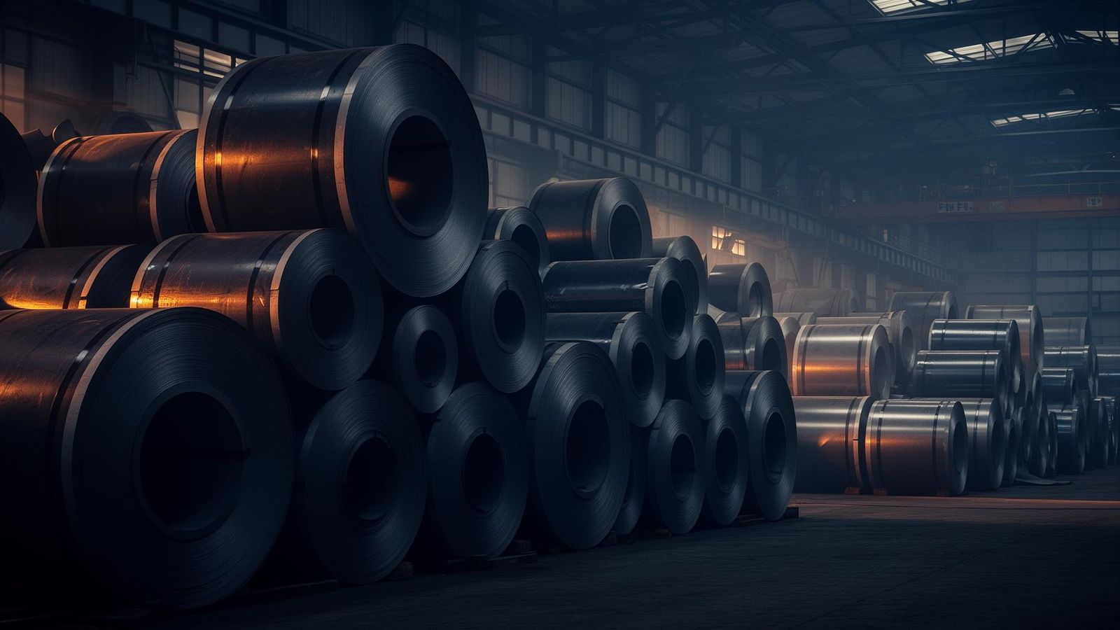 Industrial warehouse with stacked steel coils