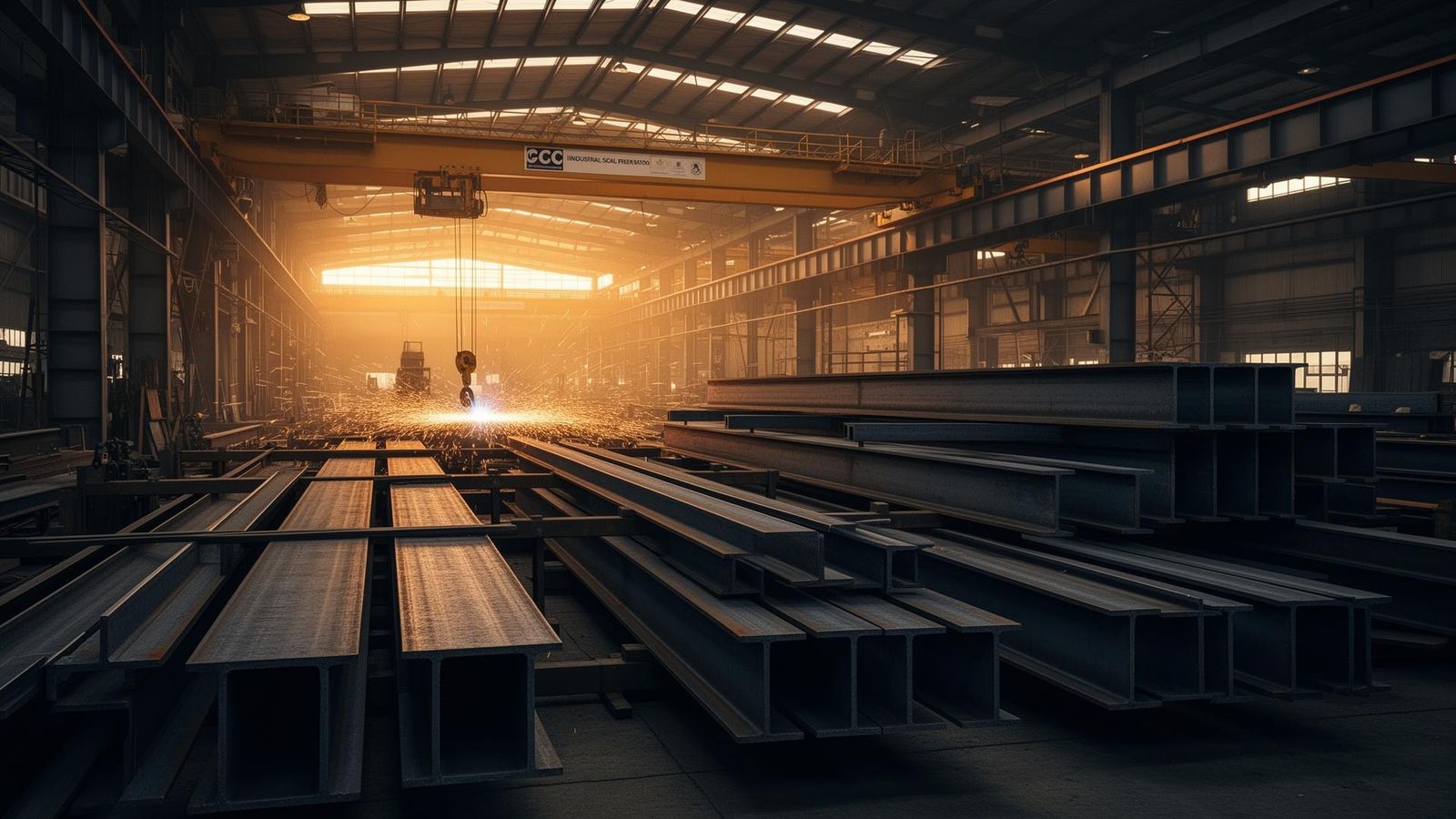 Structural steel fabrication shop with H-beams stacked on heavy-duty racks and overhead gantry crane