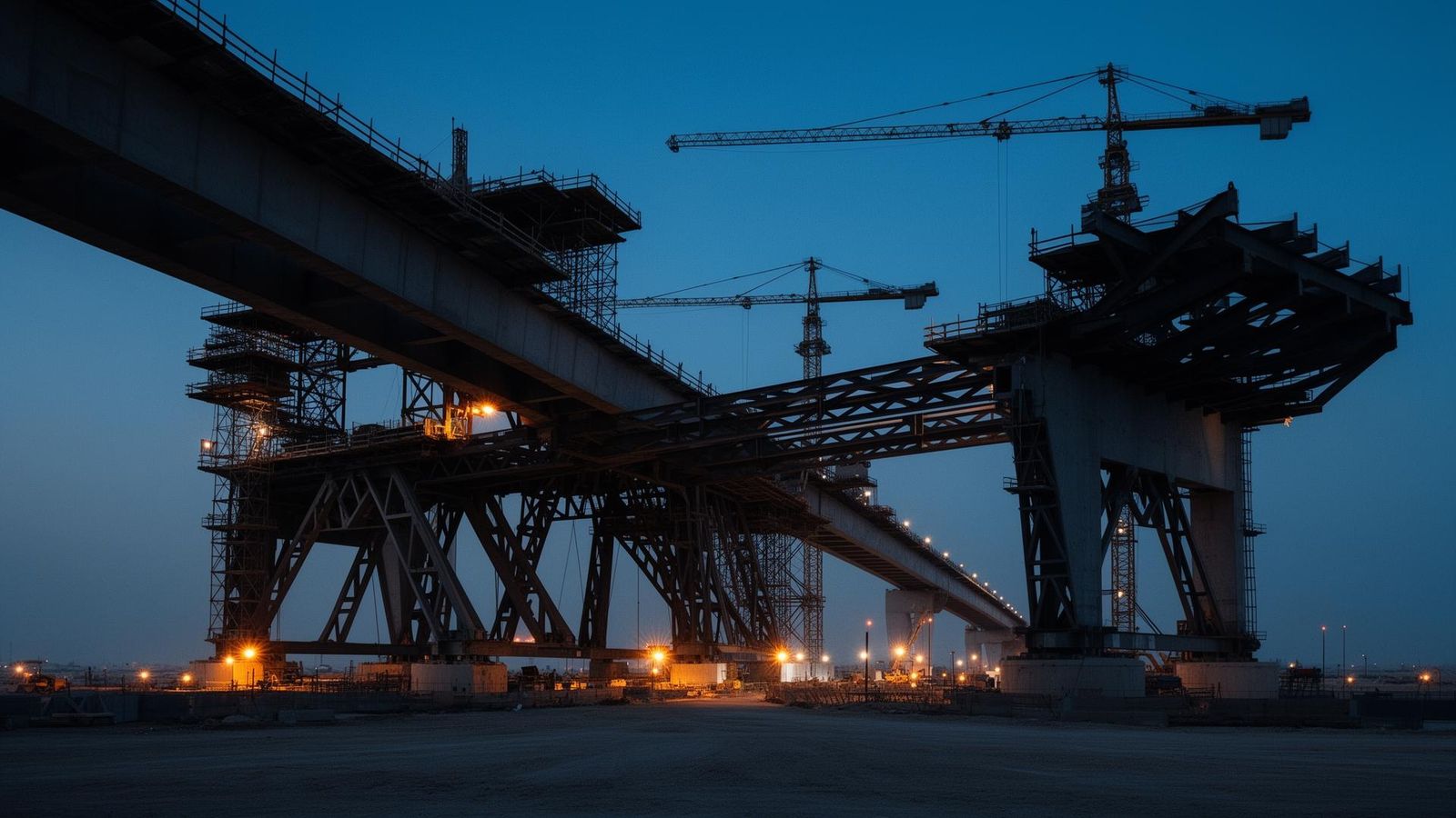 GCC infrastructure bridge under construction at dusk with structural steel girders