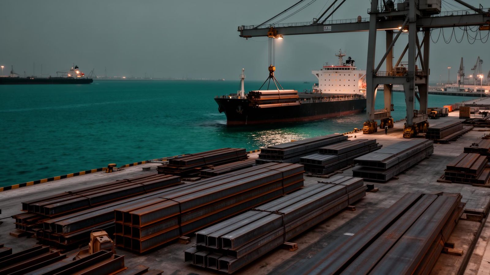 Port quayside loading bundles of structural steel H-beams and plates onto a bulk vessel at twilight