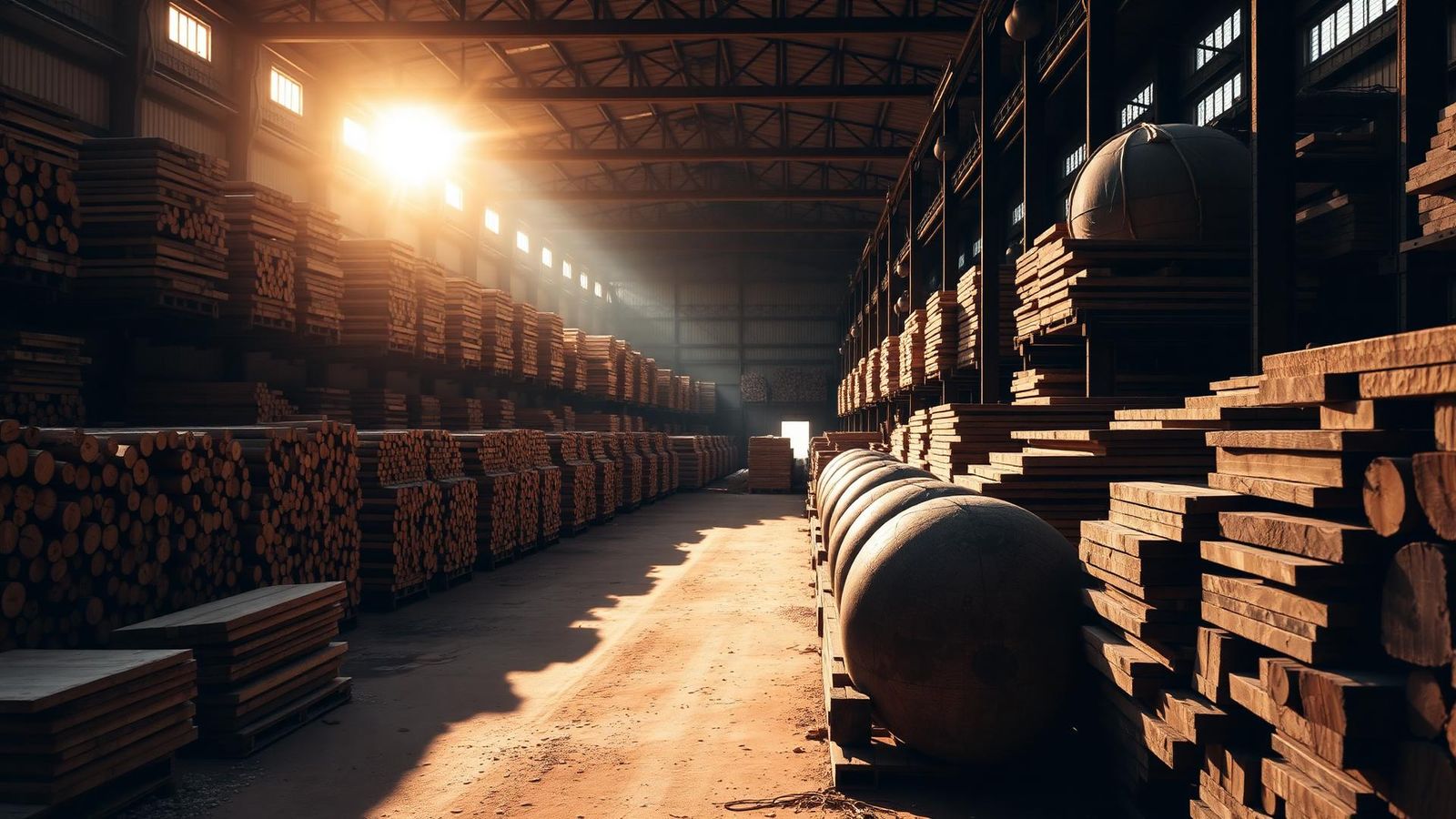 Stacks of kiln-dried hardwood and softwood timber in a Dubai timber yard