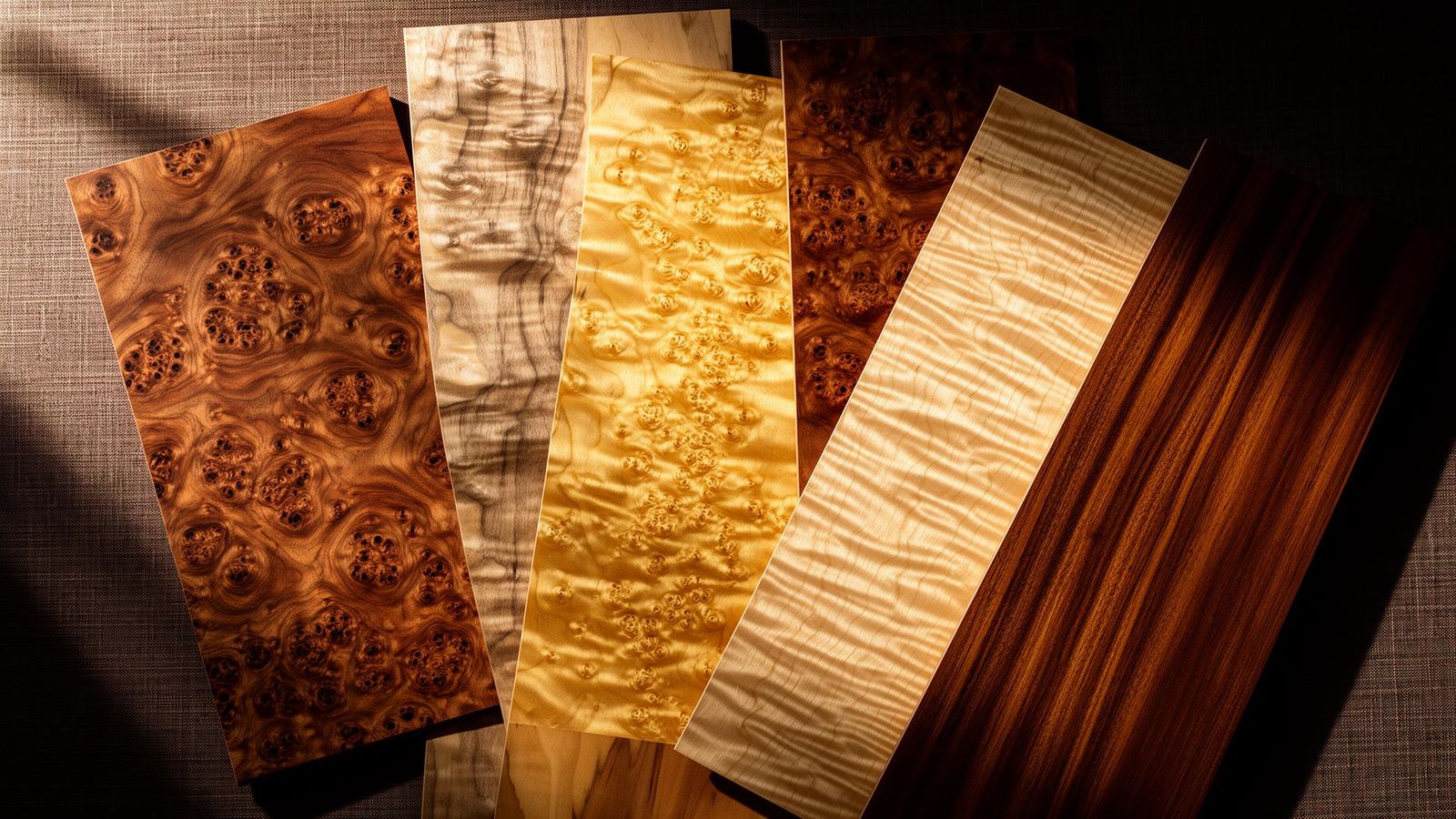 Burl and figured veneers: walnut burl, maple burl, pommele sapele, curly maple and figured eucalyptus on warm dark linen