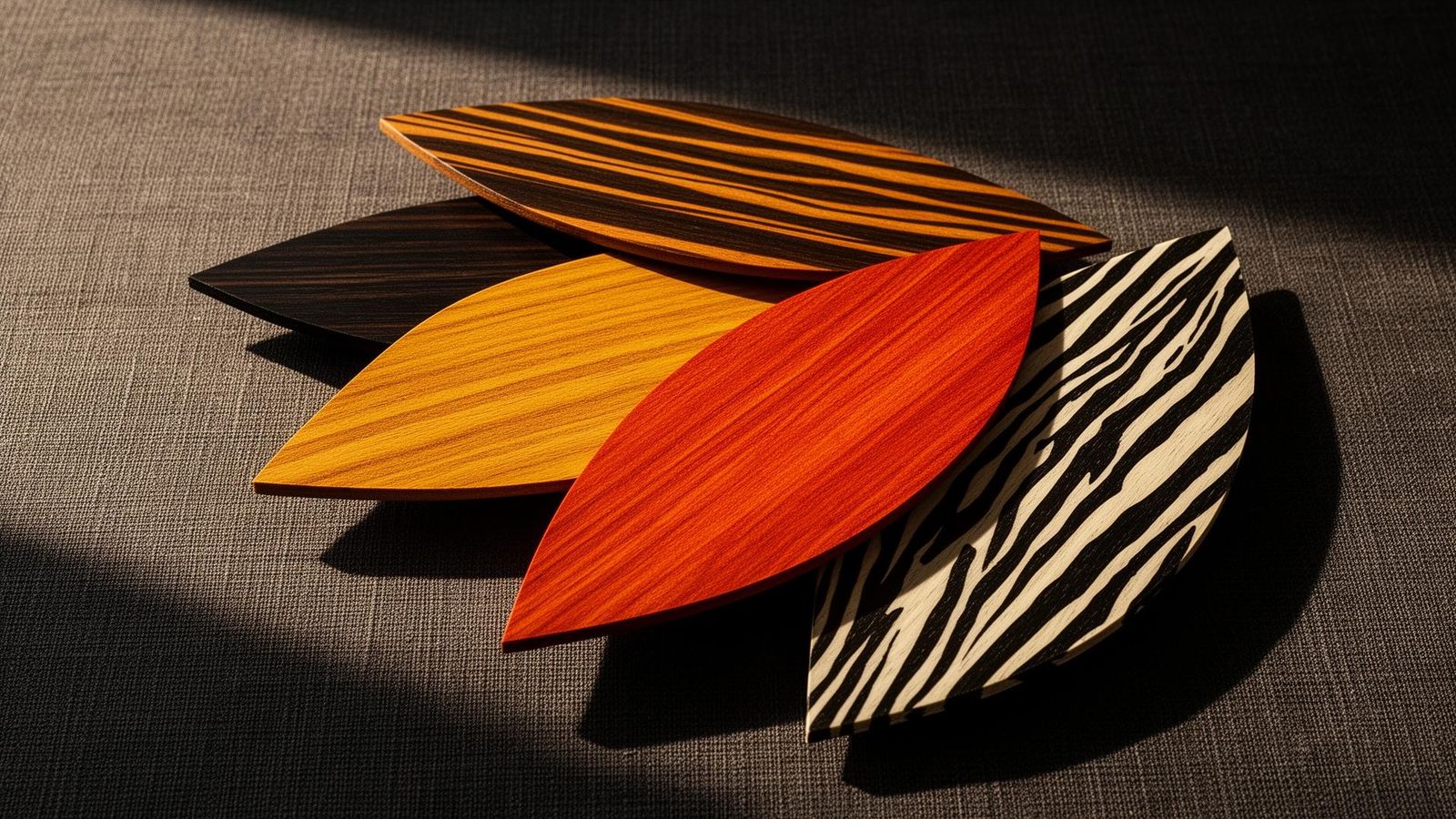 African veneer leaves: sapele, wenge, iroko, padauk and zebrawood on dark linen