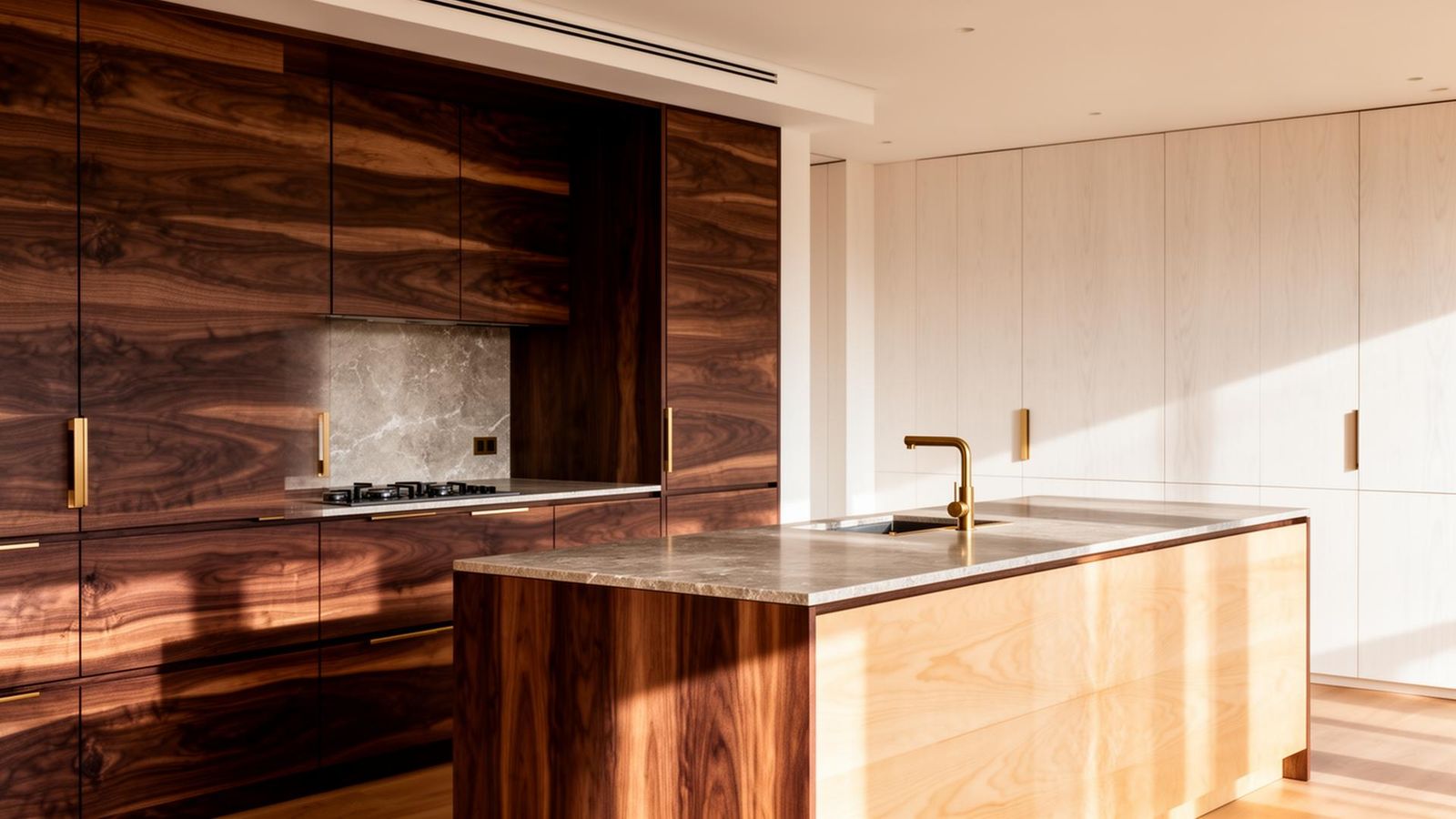 Luxury kitchen with American walnut veneer cabinetry and maple veneer island