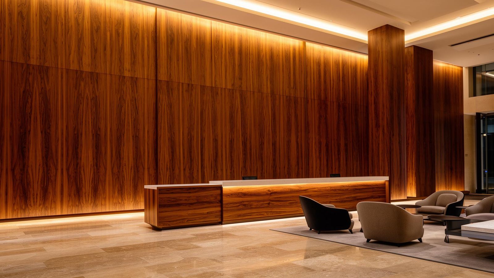Luxury hotel lobby with full-height teak veneer wall and meranti reception counter