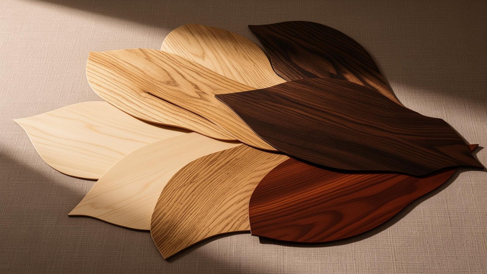 European oak, smoked oak, ash, beech and cherry veneer leaves on warm linen backdrop