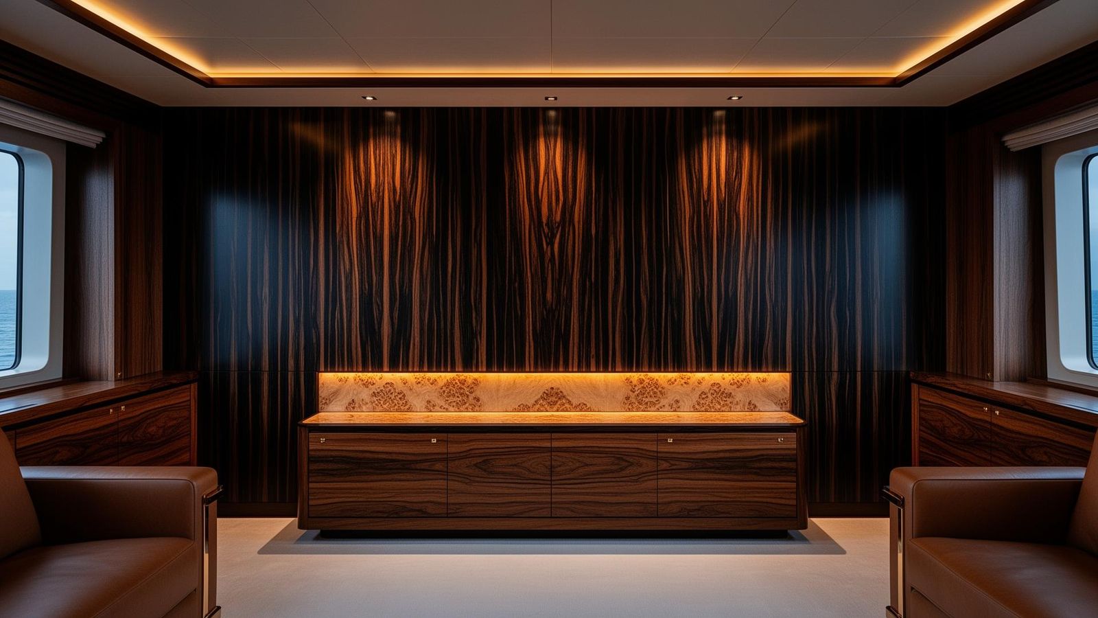 Yacht executive interior with Macassar ebony veneer feature wall and burl walnut inlay